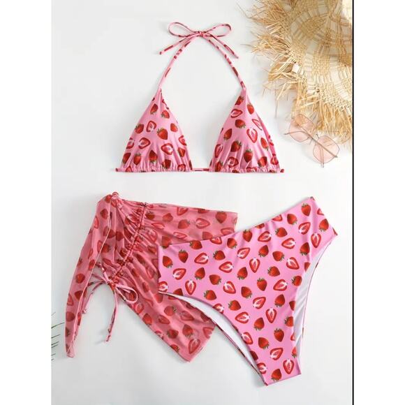 NEW Strawberry Print High Waist Triangle Top Bikini with Sarong Size 2XL C-G Cup - Picture 2 of 8